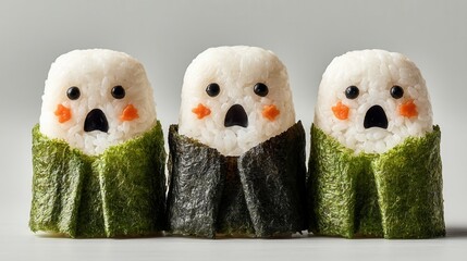 Obraz premium Halloween food concept. Three ghost-shaped rice balls with surprised expressions.
