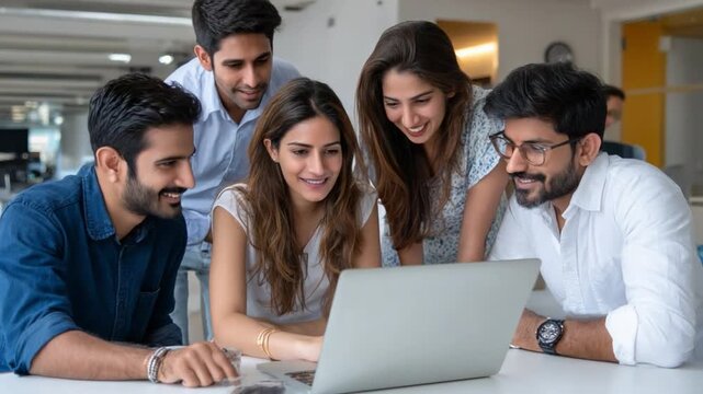 Collaborative Innovation in the Office: A diverse group of professionals huddled around a laptop, sharing ideas and working together to achieve a common objective.