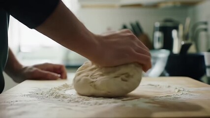 Close Up of Person Kneading Bread Dough on Floured Wooden Board in Bright Kitchen Displaying Culinary Process and Preparation Technique for Baking Dough in a Warm Kitchen Environment