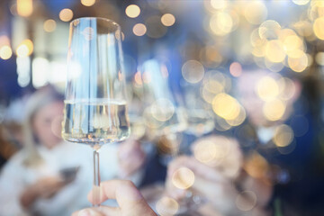 Friends with glasses of wine clink glasses holiday, a group of people abstract blurred background