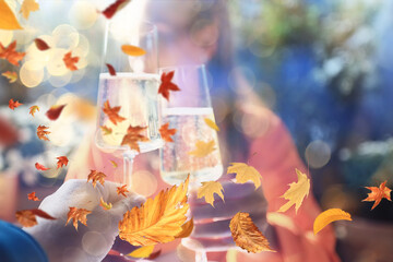 Friends with glasses of wine clink glasses holiday, a group of people abstract blurred background