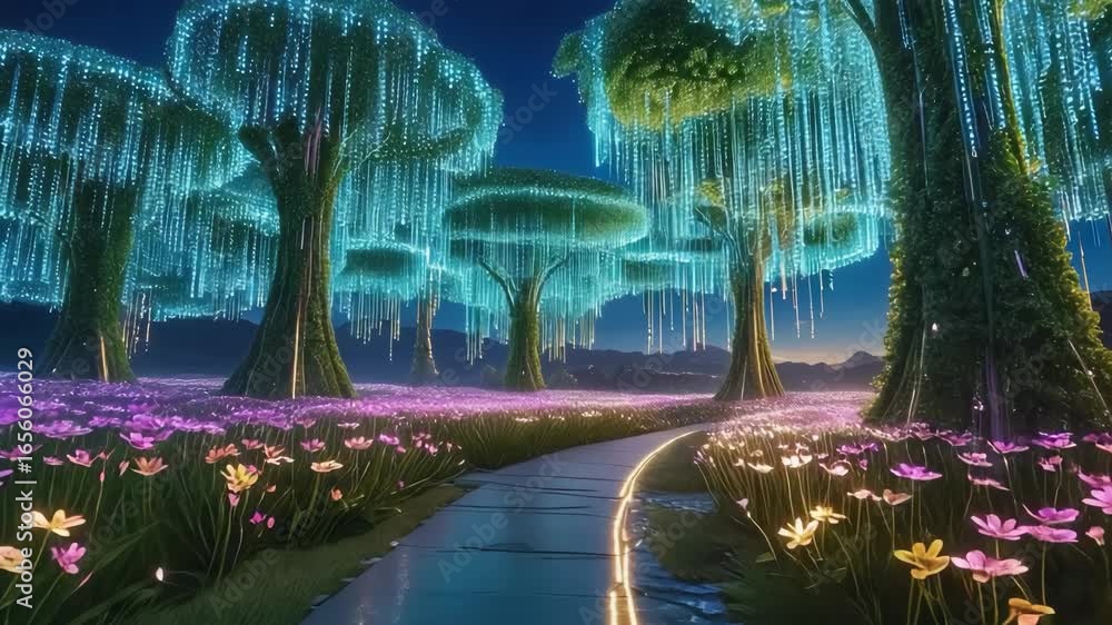 Poster glowing trees with hanging lights illuminate a magical night forest path surrounded by colorful flow