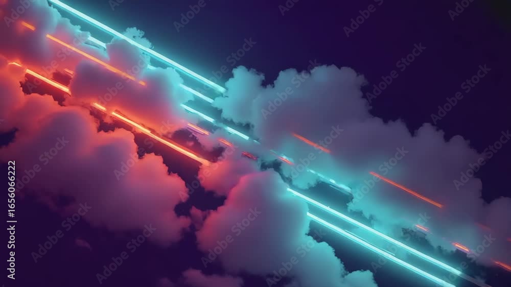 Poster diagonal red and blue neon lights are crossing over white clouds on a dark background, creating a fu