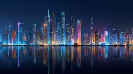 Obraz premium Nighttime Cityscape with Neon-Lit Skyscrapers and Water Reflection