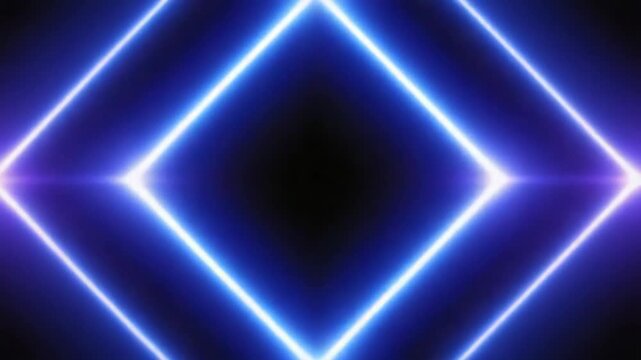 Glowing blue neon rhombus frame is shining on a dark background with rays of light coming from the corners, creating a futuristic and vibrant visual effect