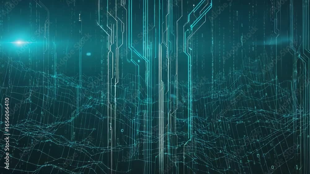 Poster visualizing a complex network of digital information flowing through a turquoise landscape filled wi