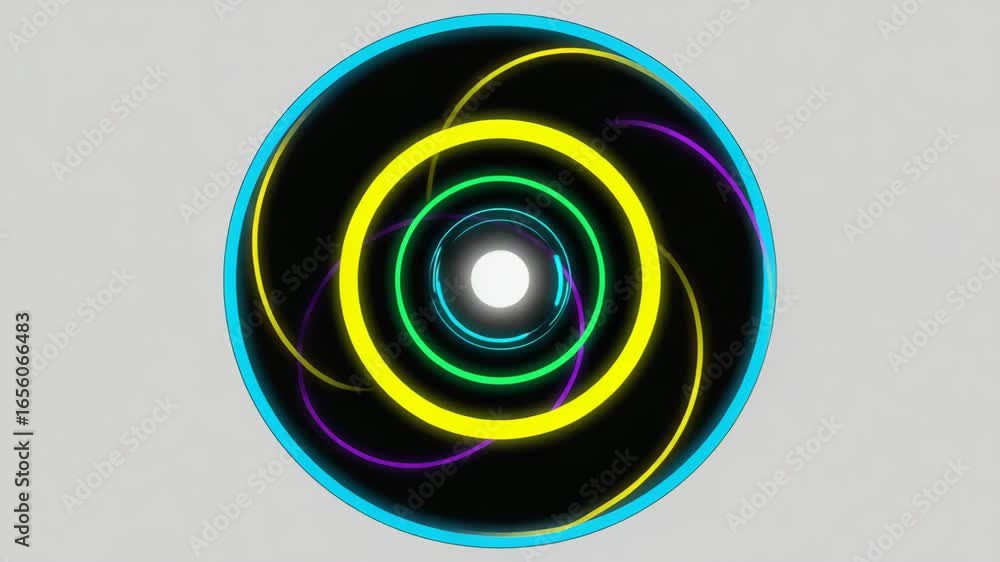 Poster bright, colorful lines swirl and converge towards a bright center within a circular frame, creating 