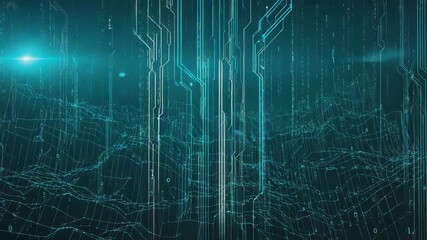 Visualizing a complex network of digital information flowing through a turquoise landscape filled with binary code and circuit board patterns, illustrating modern data transfer intricacies - Powered by Adobe