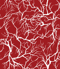 Decorative abstract design featuring intricate white branching patterns on a rich red background, resembling veins or neural networks, surface design.
