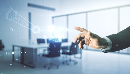 A hand interacting with a digital robotic arm in an office.