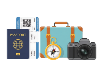 Travel essentials including passport, tickets, suitcase, camera, and compass isolated on transparent background