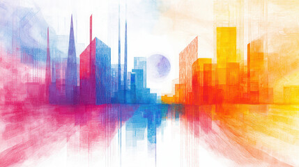 Obraz premium Vibrant cityscape illustration featuring colorful skyscrapers in shades of blue, pink, and orange, reflecting on water