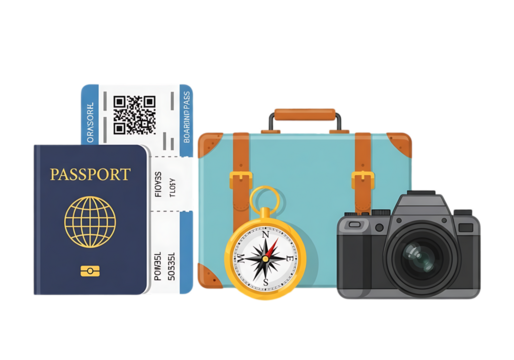 Travel essentials including passport, tickets, suitcase, camera, and compass isolated on transparent background - Powered by Adobe