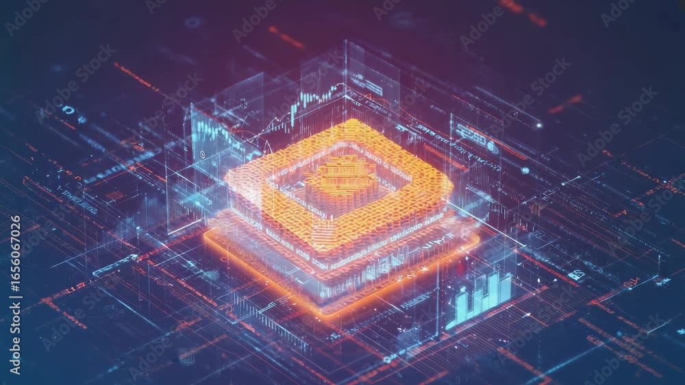 Poster Complex quantum computing processor managing big data and cryptocurrency transactions. Featuring futuristic holographic charts and graphs. Showcasing artificial intelligence and blockchain technology