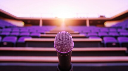 Microphone on stage with empty seats ready for a speaker, conference, or public performance