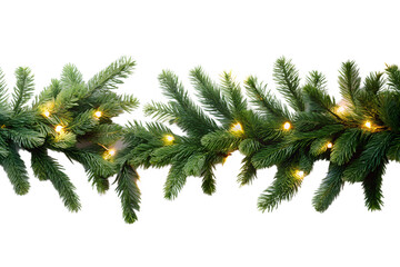 Fototapeta premium Photo of closeup of a christmas evergreen garland with warm yellow fairy lights twinkling, isolated on transparent background