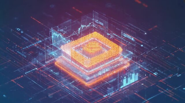 Complex quantum computing processor managing big data and cryptocurrency transactions. Featuring futuristic holographic charts and graphs. Showcasing artificial intelligence and blockchain technology - Powered by Adobe