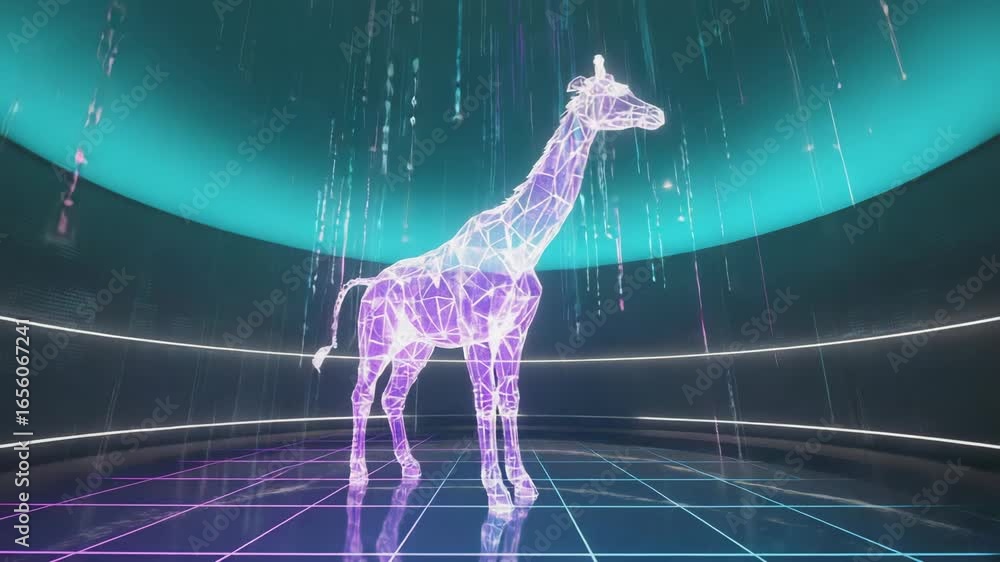 Poster polygonal giraffe is standing in futuristic neon metaverse space with falling binary code, represent