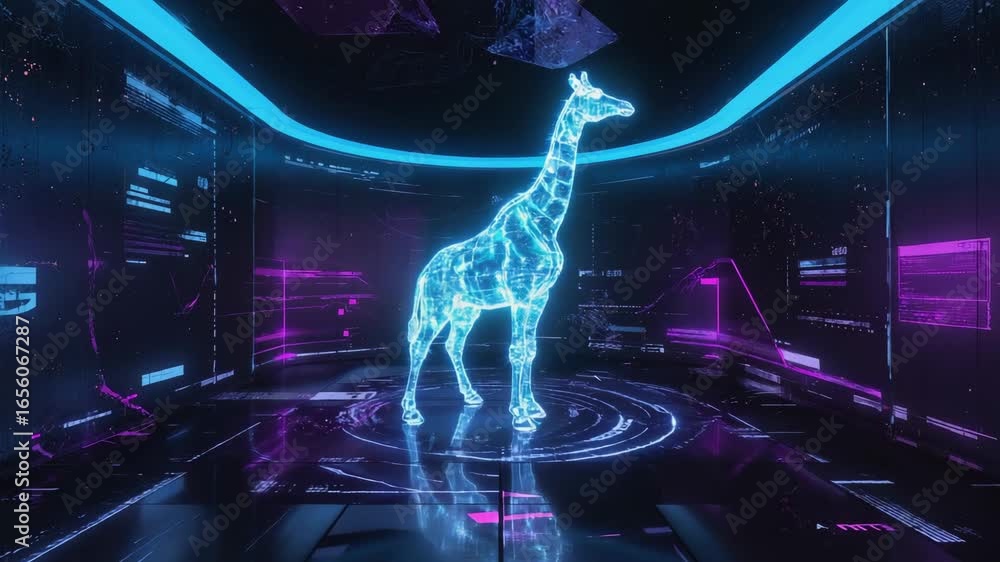 Poster holographic projection of giraffe standing in futuristic dark room with computer data displaying on 
