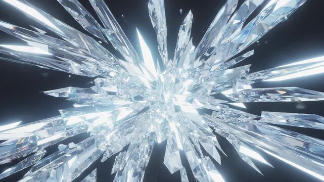 Sharp crystal shards exploding outward from the center, creating a dazzling light display and reflections against a dark background, ideal for destruction and fantasy themes