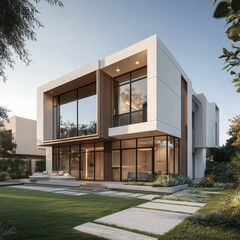 Modern two story house with large windows and a well manicured lawn on a sunny day with blue skies above