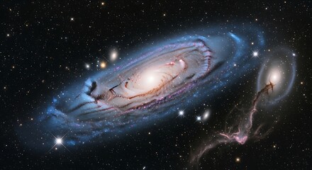 Spectacular Angled View of the Andromeda Galaxy and its Satellite Galaxies in the Vastness of Space