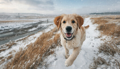golden retriever puppy happy running in the snow