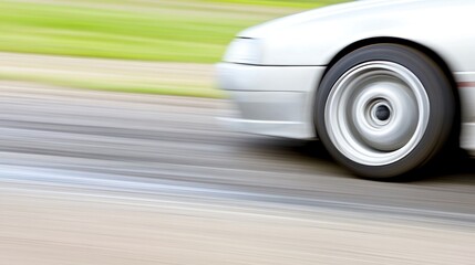 Sleek white car swiftly gliding on the asphalt, capturing the essence of motion and speed,