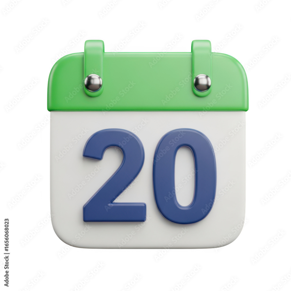 Poster 3d icon of a 3d render of a calendar page showing the number 20, isolated on a transparent backgroun