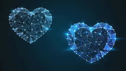 Two glowing blue polygon hearts are floating on a dark blue background, representing love, connection, and digital relationships in the modern age - Powered by Adobe