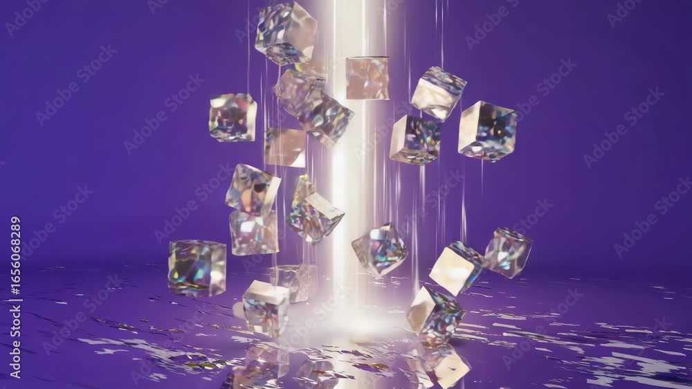 Poster numerous textured cubes are suspended and falling against a vibrant purple backdrop, illuminated by 