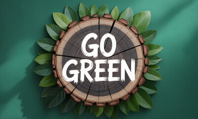 Inspiring 'Go Green' message on a rustic wood slice surrounded by lush green leaves, promoting eco-consciousness
