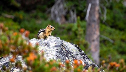 Obraz premium A chipmunk sits alertly atop a weathered rock, its fur blending with the surrounding autumnal foliage.