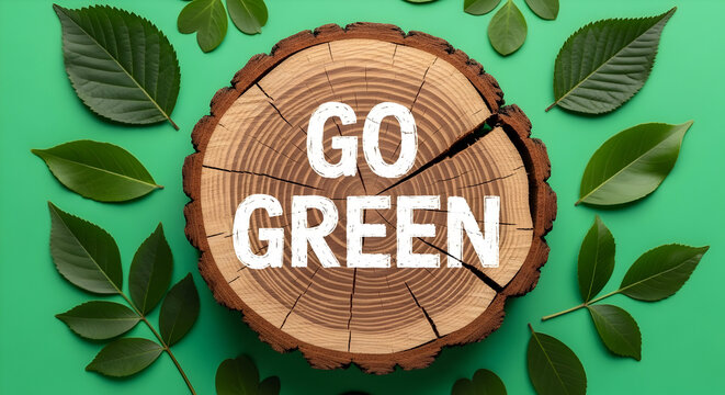 Go Green slogan on natural wood slice surrounded by fresh green leaves, promoting environmental awareness