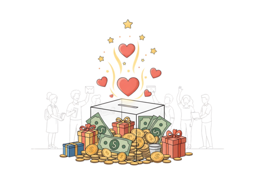 A donation box overflowing with money, coins, and gifts, with hearts and stars symbolizing generosity and love, isolated on transparent background