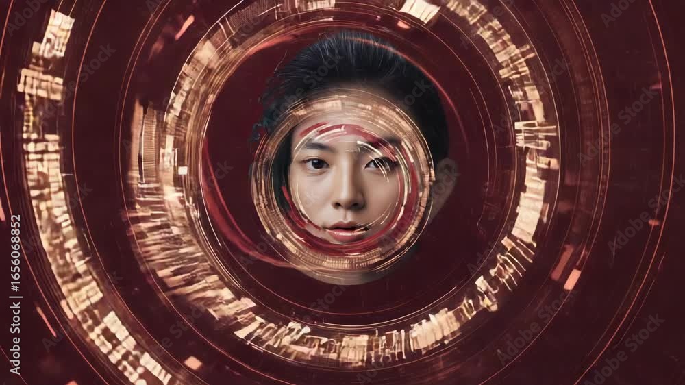 Aufkleber digital art featuring an asian woman's face at the center of a vibrant, swirling vortex of data and 