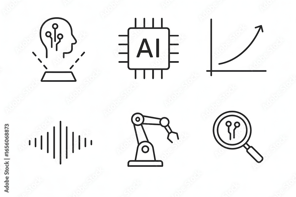 Poster ai and technology icons: a curated collection of minimalist line art icons representing the evolutio