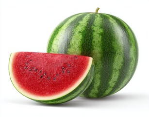 The vibrant and juicy watermelon slice is a quintessential summer treat, boasting deep red flesh and black seeds that pop against a clean background