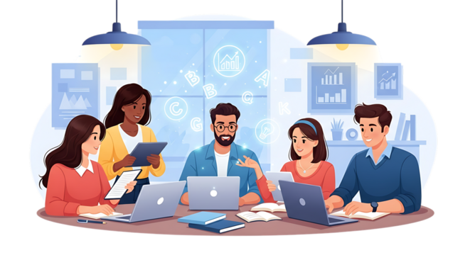 Diverse group of professionals engaged in a business meeting, using technology and collaborating on a project in a bright office isolated on transparent background