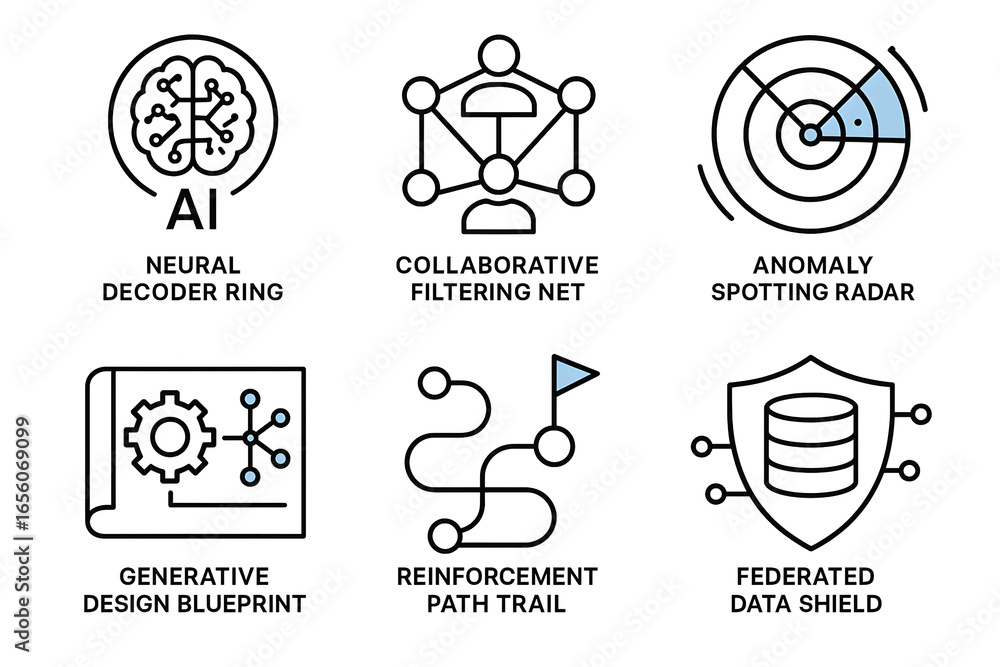 Poster innovative concepts: set of graphical icons representing cutting-edge technological ideas and concep