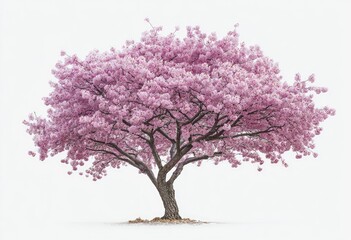 Full shot of a blossoming cherry tree against a white background.  Pink blossoms cover the branches