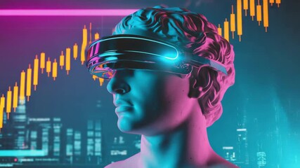 Classical bust wearing a futuristic vr headset analyzes metaverse stock market data with candlestick charts and city lights, merging art, technology, and time - Powered by Adobe
