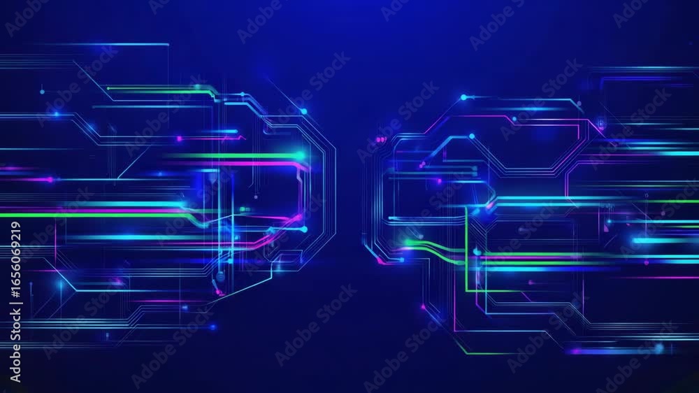 Poster complex network of interconnected circuits and nodes transmitting data and energy, visualized by vib