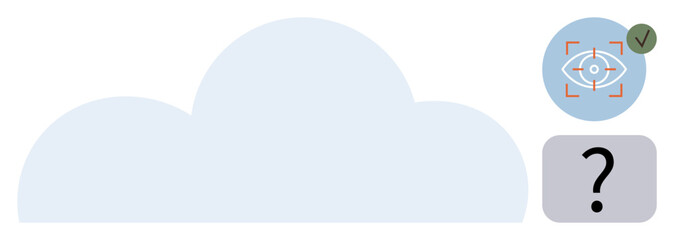 Large cloud representing storage, eye within target for focus and monitoring, checkmark for security, and question mark denoting inquiry. Ideal for data storage, security, monitoring, inquiry, focus