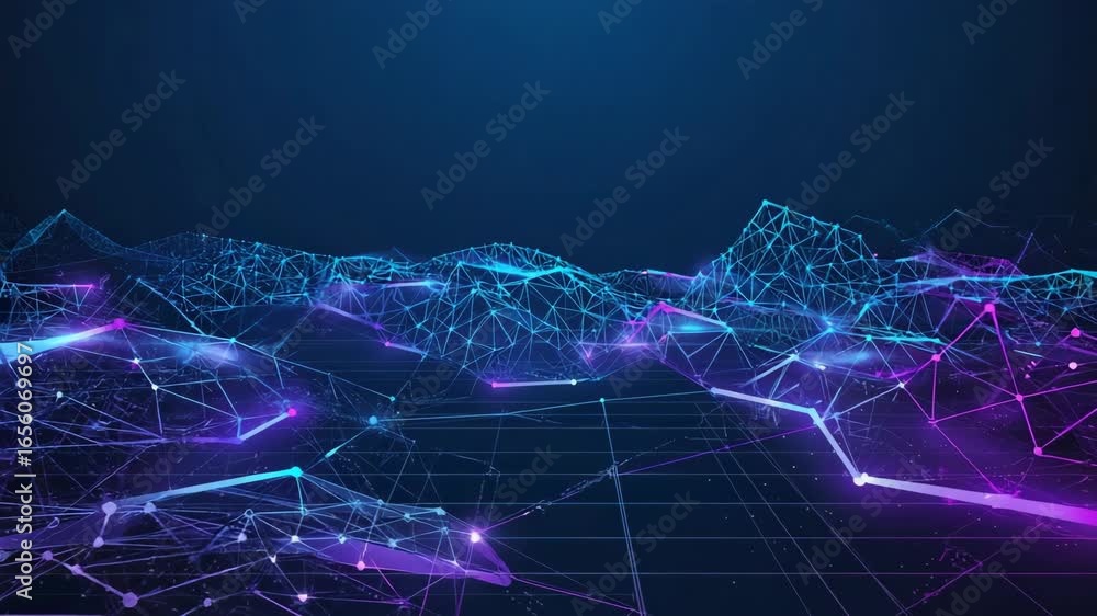 Poster glowing plexus lines and dots intertwining to form a futuristic mountainous terrain, featuring a gri