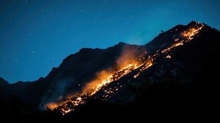 Fototapeta premium Active Volcano Erupting at Night with Glowing Lava Flows and Dramatic Smoke Clouds Beneath a Starry Sky in Cinematic Nature Photography 