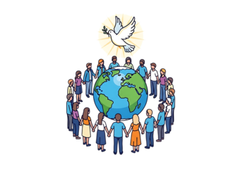 Diverse group of people holding hands in a circle around the globe with a dove of peace above isolated on transparent background