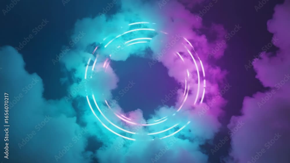 Poster multiple glowing neon circles creating a frame against a night sky filled with illuminated clouds, o