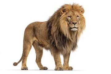 Obraz premium Powerful male lion stands against white background