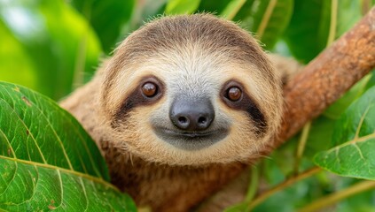 Fototapeta premium The picture features a sloth hanging in a tree, giving a detailed view of the animal as it exists in its natural surroundings